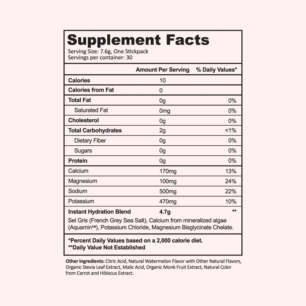 Instant Hydration Watermelon label shows 1445mg electrolytes per serving.