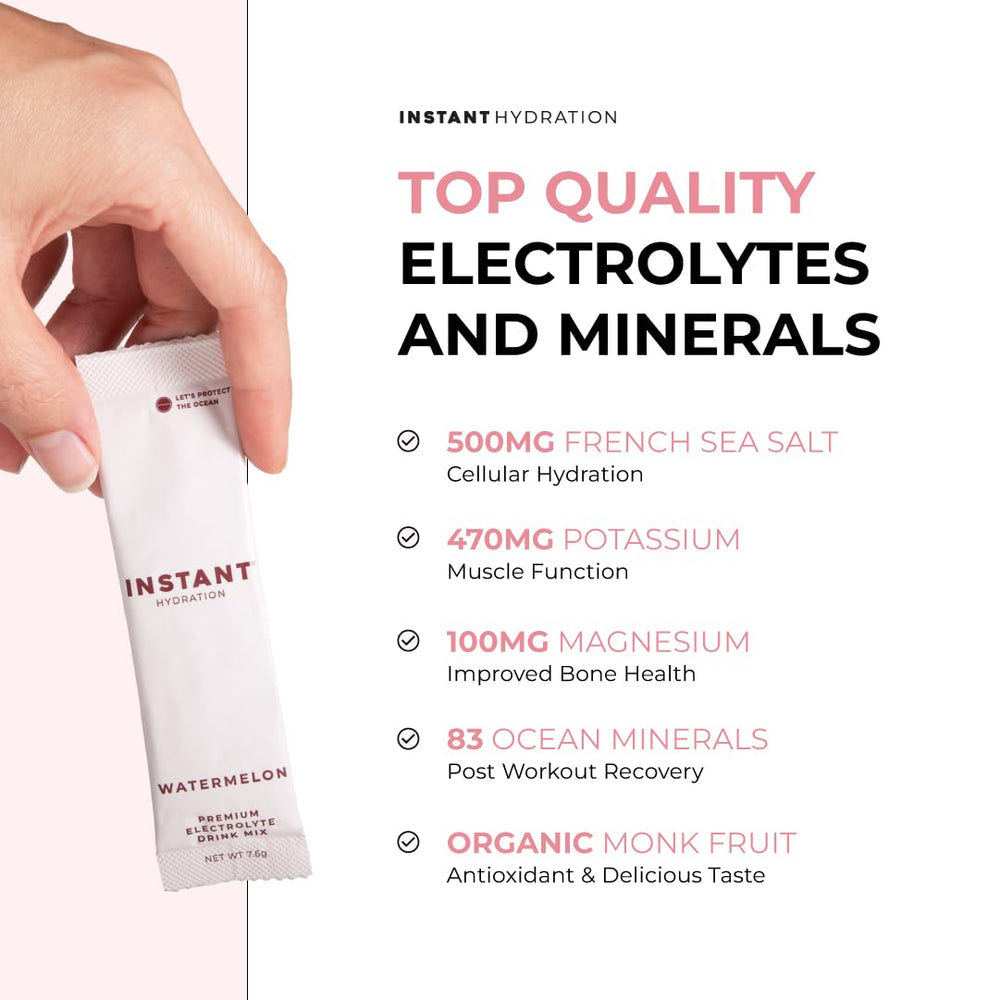 Instant Hydration Watermelon packaging close-up highlights zero sugar and keto-friendly promise.