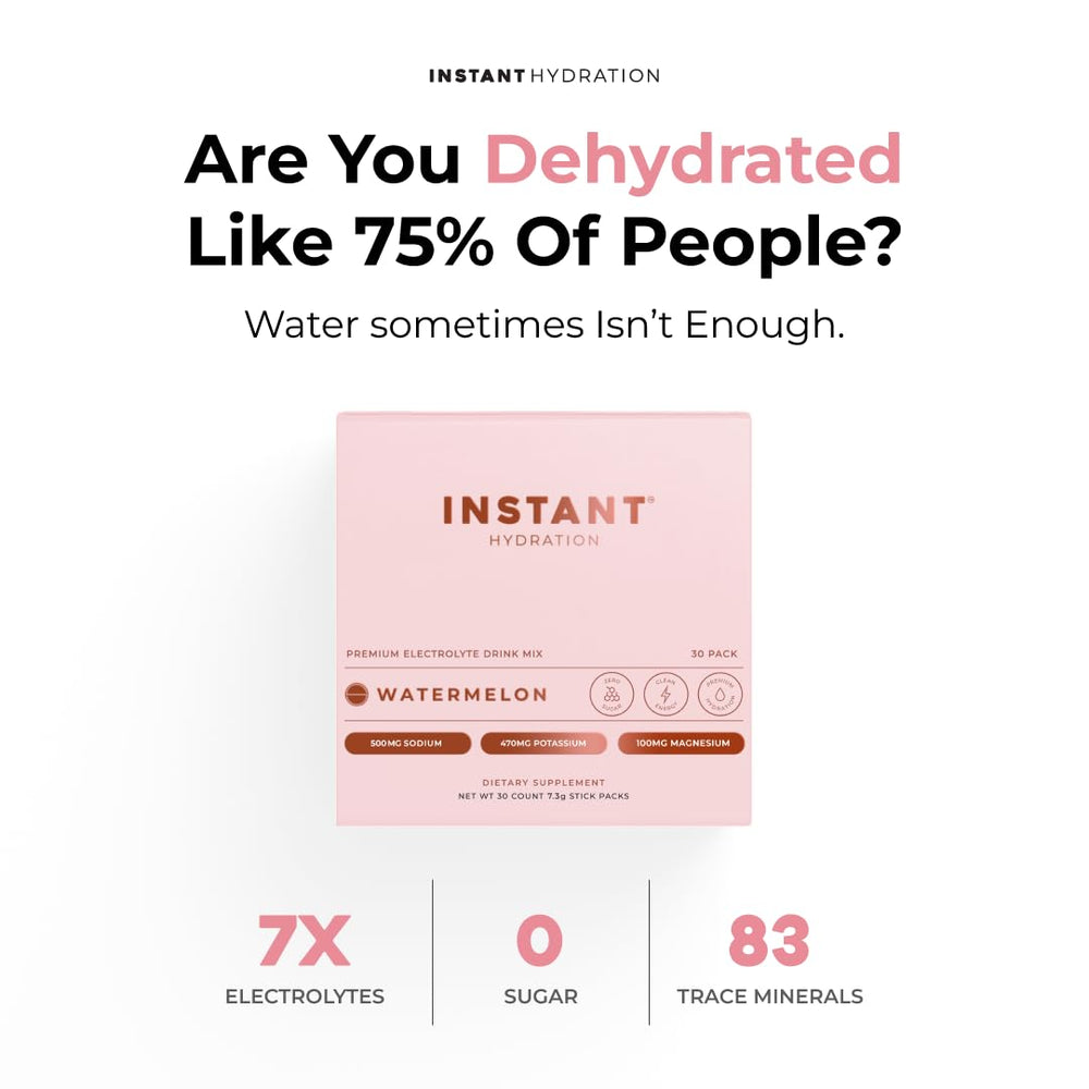 Instant Hydration Watermelon packets dissolving in glass for refreshing, sugar-free hydration.