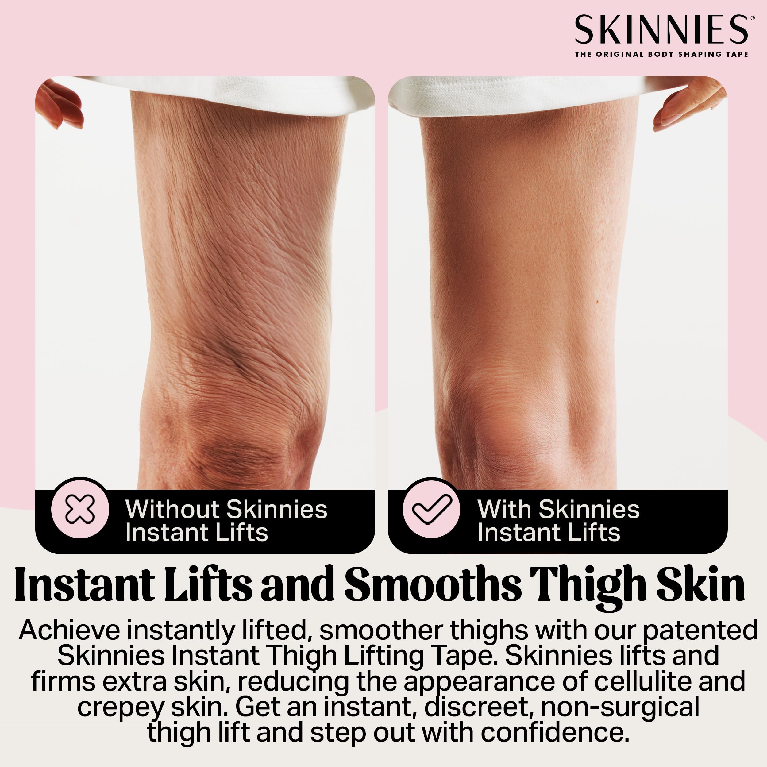 Skinnies thigh lift tape under a dress silhouette showing smooth lines
