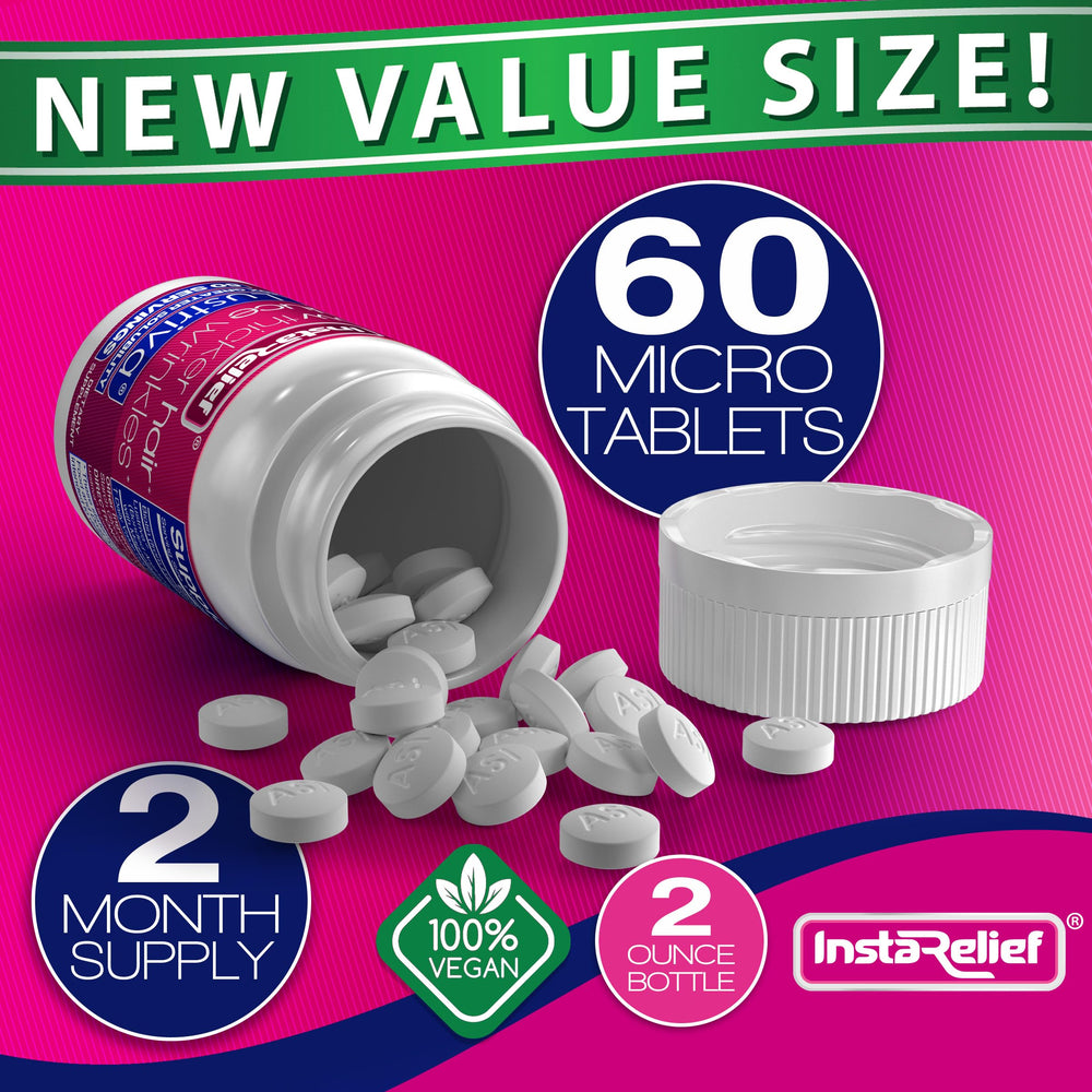 InstaRelief two-month supply with 60 micro-tablets supports ongoing use.