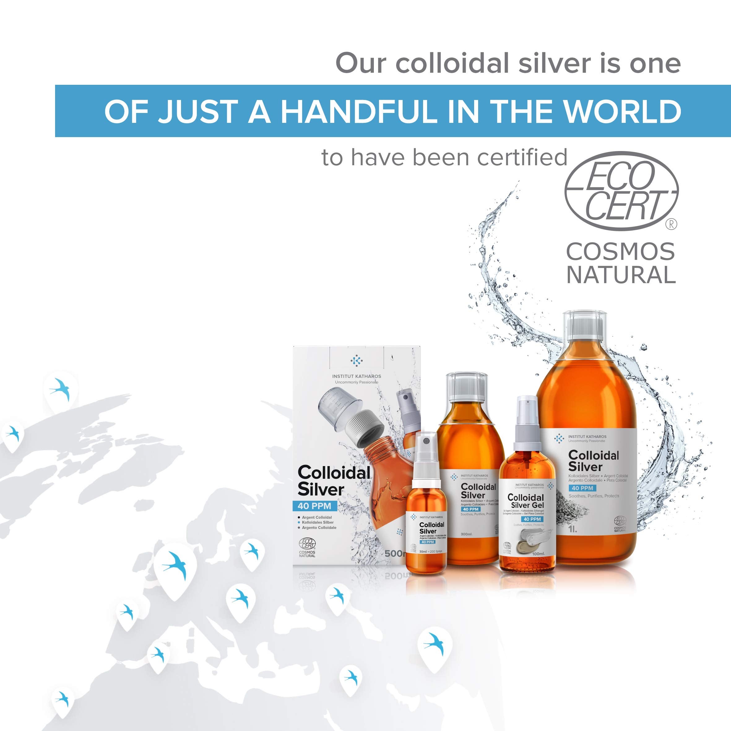Institut Katharos bottle being poured to reveal the smooth colloidal silver liquid