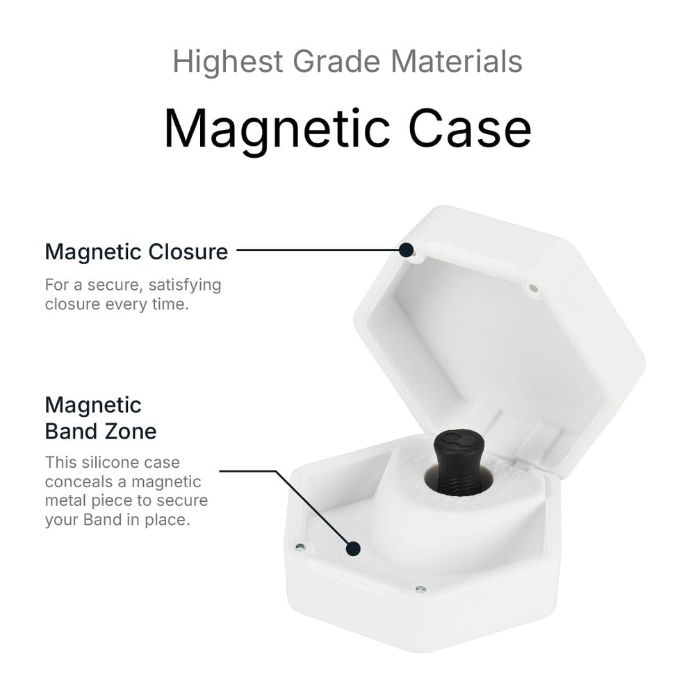 Intake band and tabs stored in compact case for travel practicality
