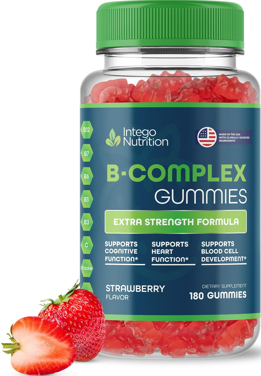 INTEGO NUTRITION Vitamin B Complex Gummies bottle, strawberry flavor, daily energy.