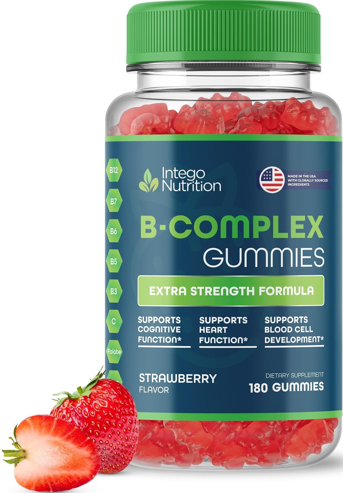 INTEGO NUTRITION Vitamin B Complex Gummies bottle, strawberry flavor, daily energy.