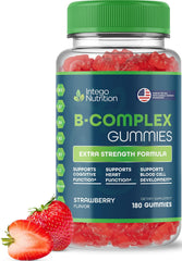 INTEGO NUTRITION Vitamin B Complex Gummies bottle, strawberry flavor, daily energy.