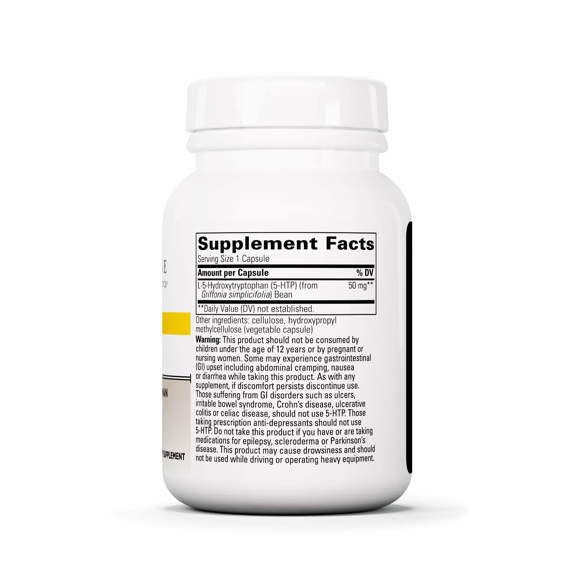 Integrative Therapeutics 5-HTP capsules close-up highlight vegan, dairy-free formulation.