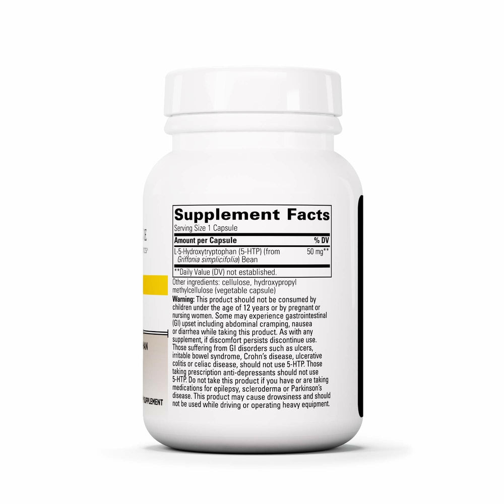 Integrative Therapeutics 5-HTP capsules close-up highlight vegan, dairy-free formulation.