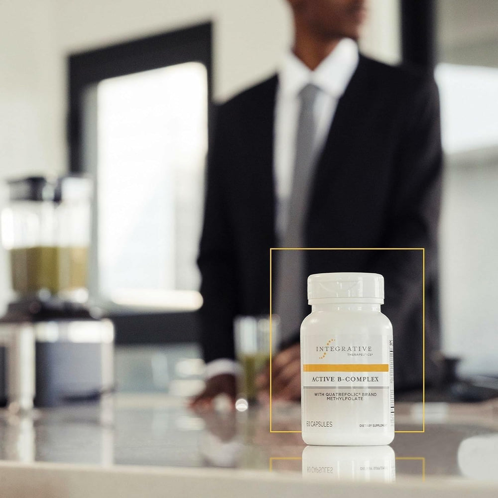 Integrative Therapeutics Active B-Complex nutrition panel highlights gluten-free and dairy-free status.
