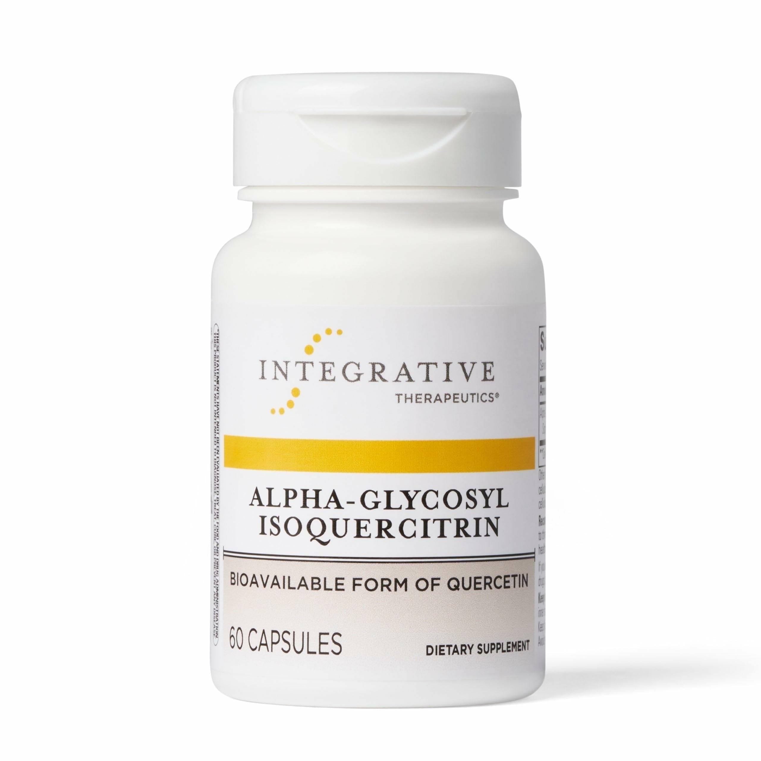 Integrative Therapeutics Alpha-Glycosyl Isoquercitrin bottle showing vegan quercetin for cellular health.
