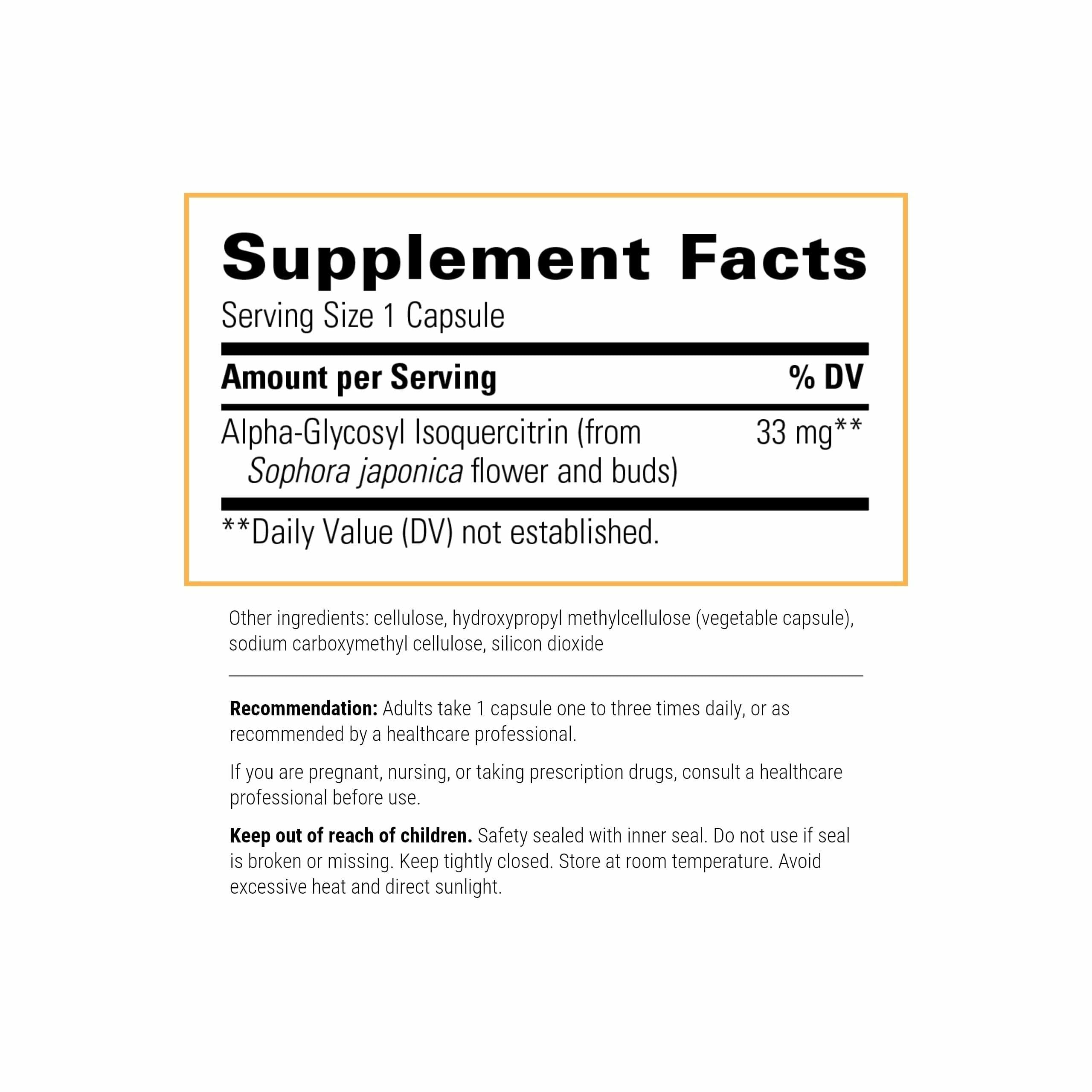 Integrative Therapeutics Alpha-Glycosyl Isoquercitrin label closeup highlights clean ingredient statement.