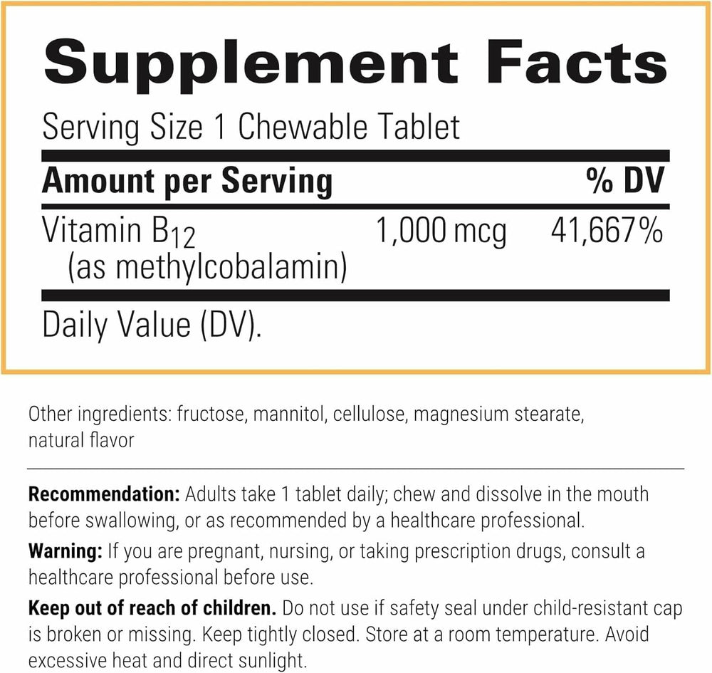 Integrative Therapeutics B-12 Active cherry chewable tablet back view showing packaging and dosage.