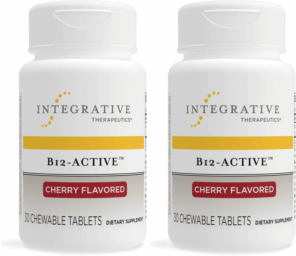 Integrative Therapeutics B-12 Active cherry chewable tablet front view, vegan-friendly option.