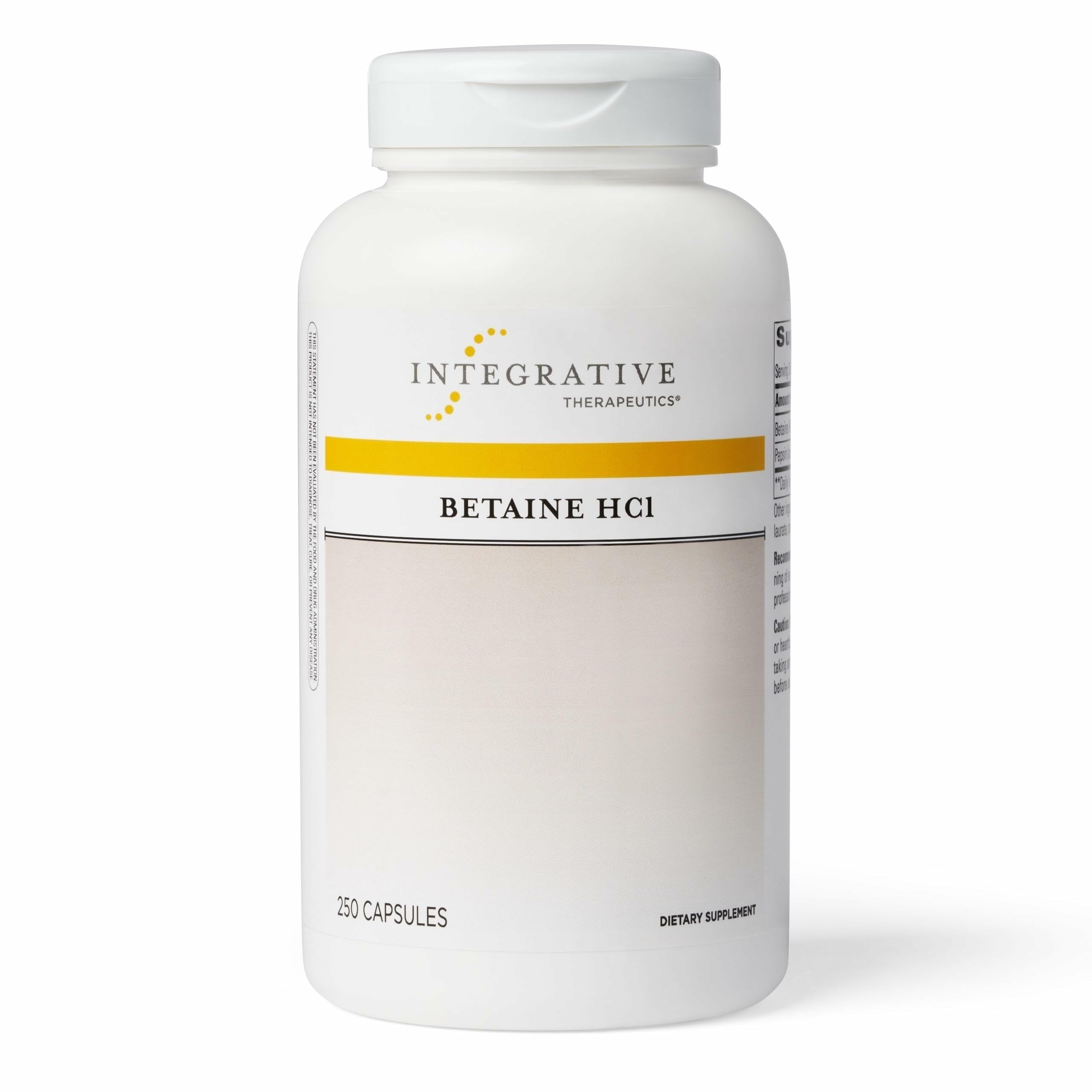 Integrative Therapeutics Betaine HCl bottle supports healthy stomach acidity.