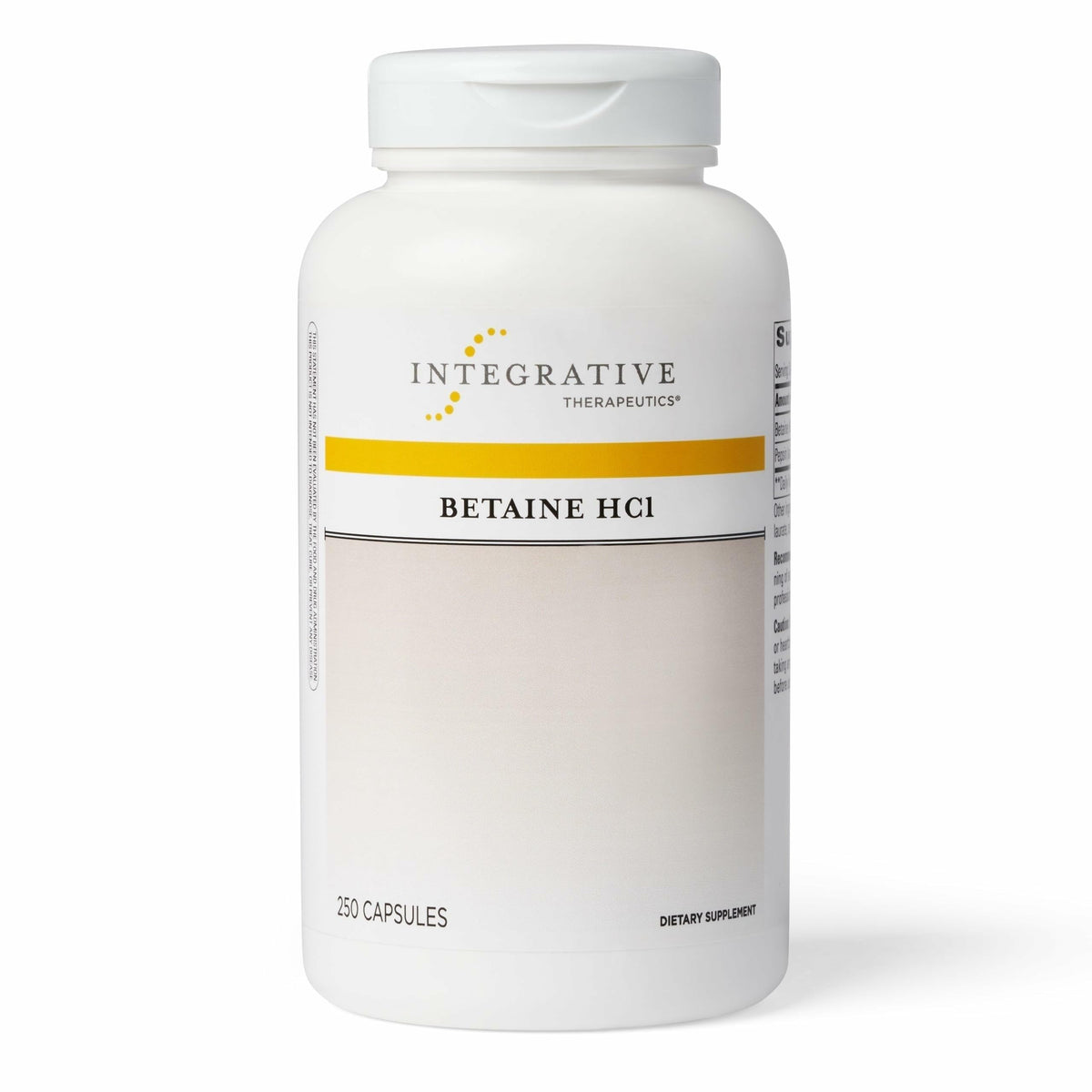 Integrative Therapeutics Betaine HCl bottle supports healthy stomach acidity.