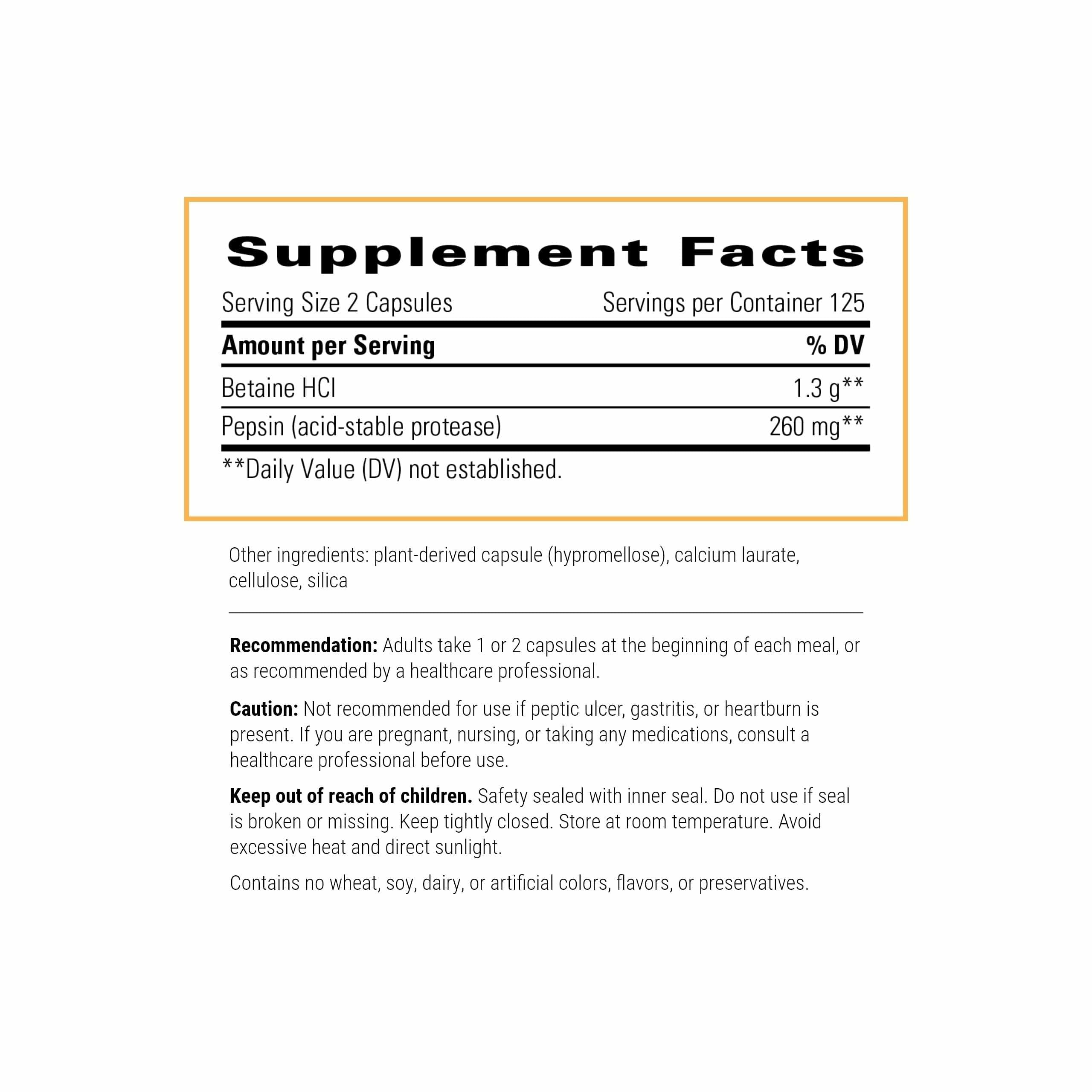 Capsules of Integrative Therapeutics Betaine HCl ready for protein digestion support.