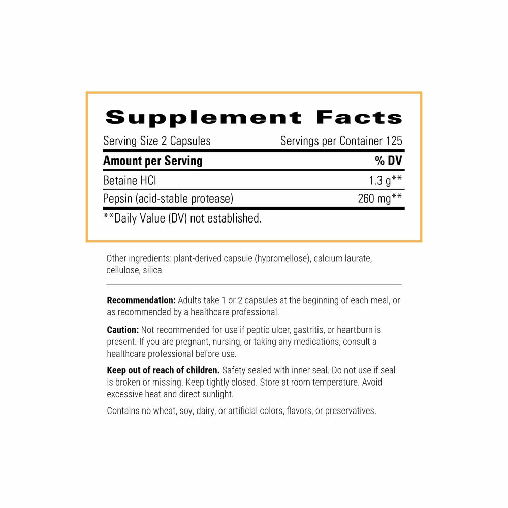 Capsules of Integrative Therapeutics Betaine HCl ready for protein digestion support.