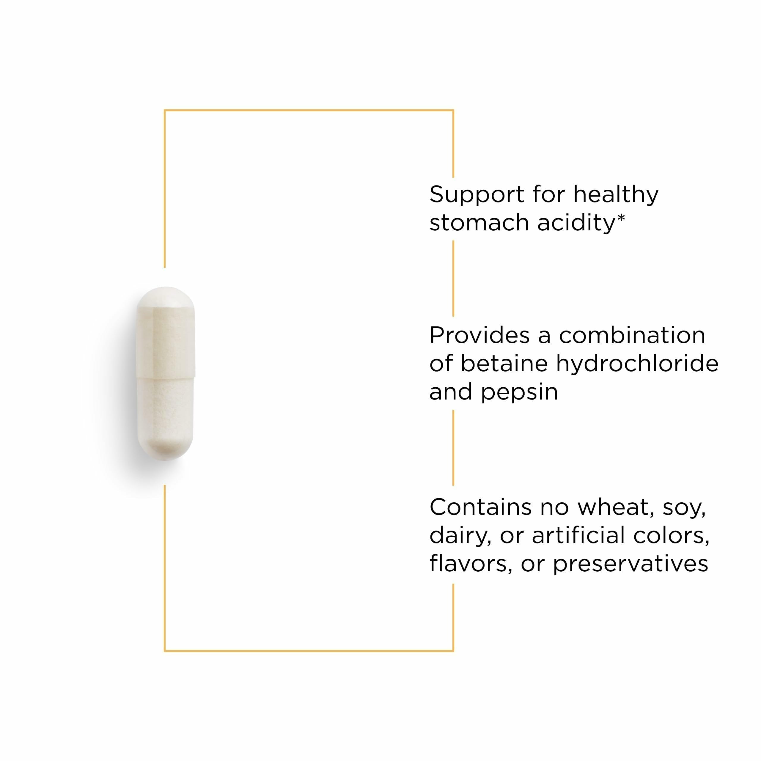 Label close-up of Integrative Therapeutics Betaine HCl showing key ingredients.