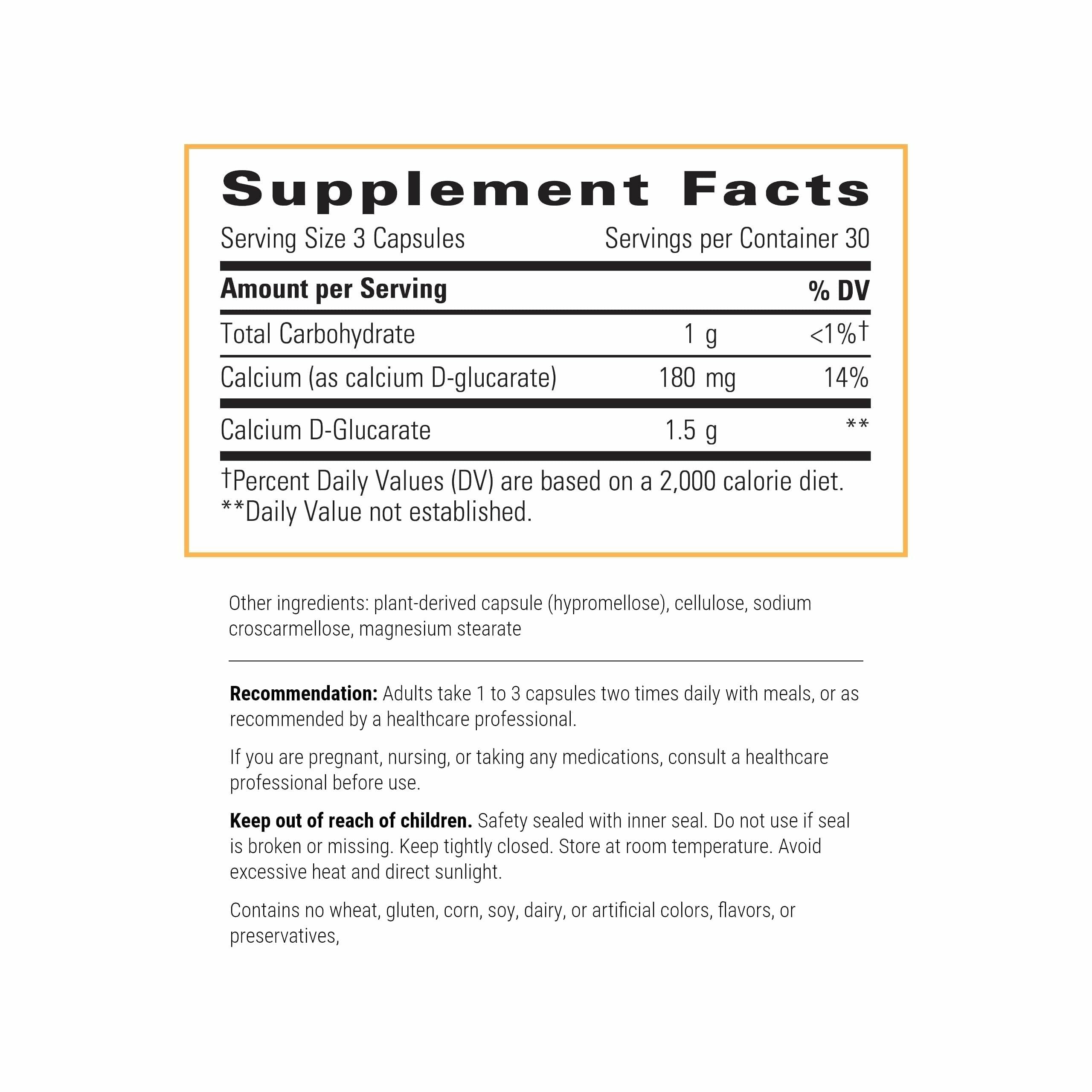 Integrative Therapeutics Calcium D-Glucarate bottle back detailing ingredients and gluten-free formulation