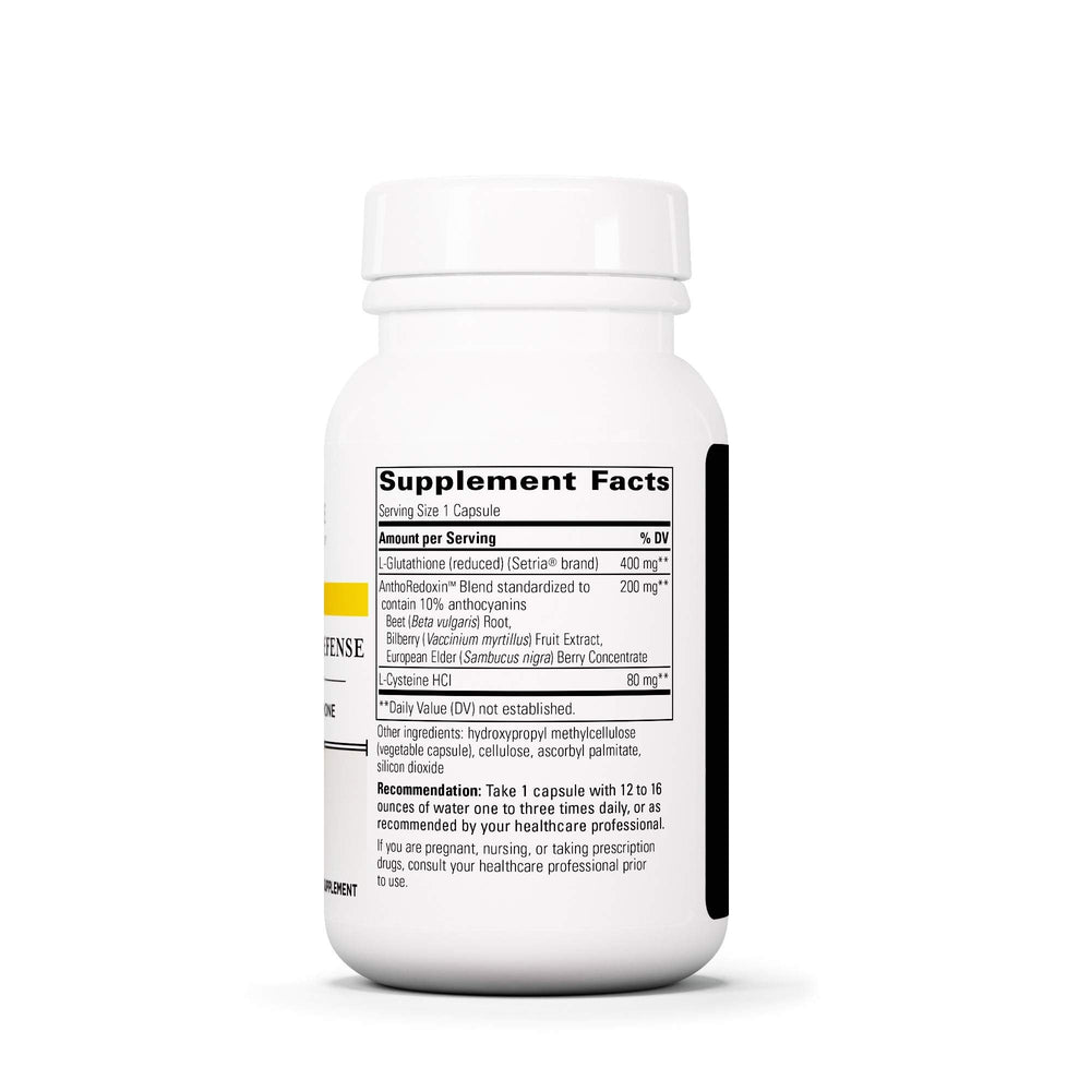 Close-up label on Integrative Therapeutics Glutathione Cell Defense bottle