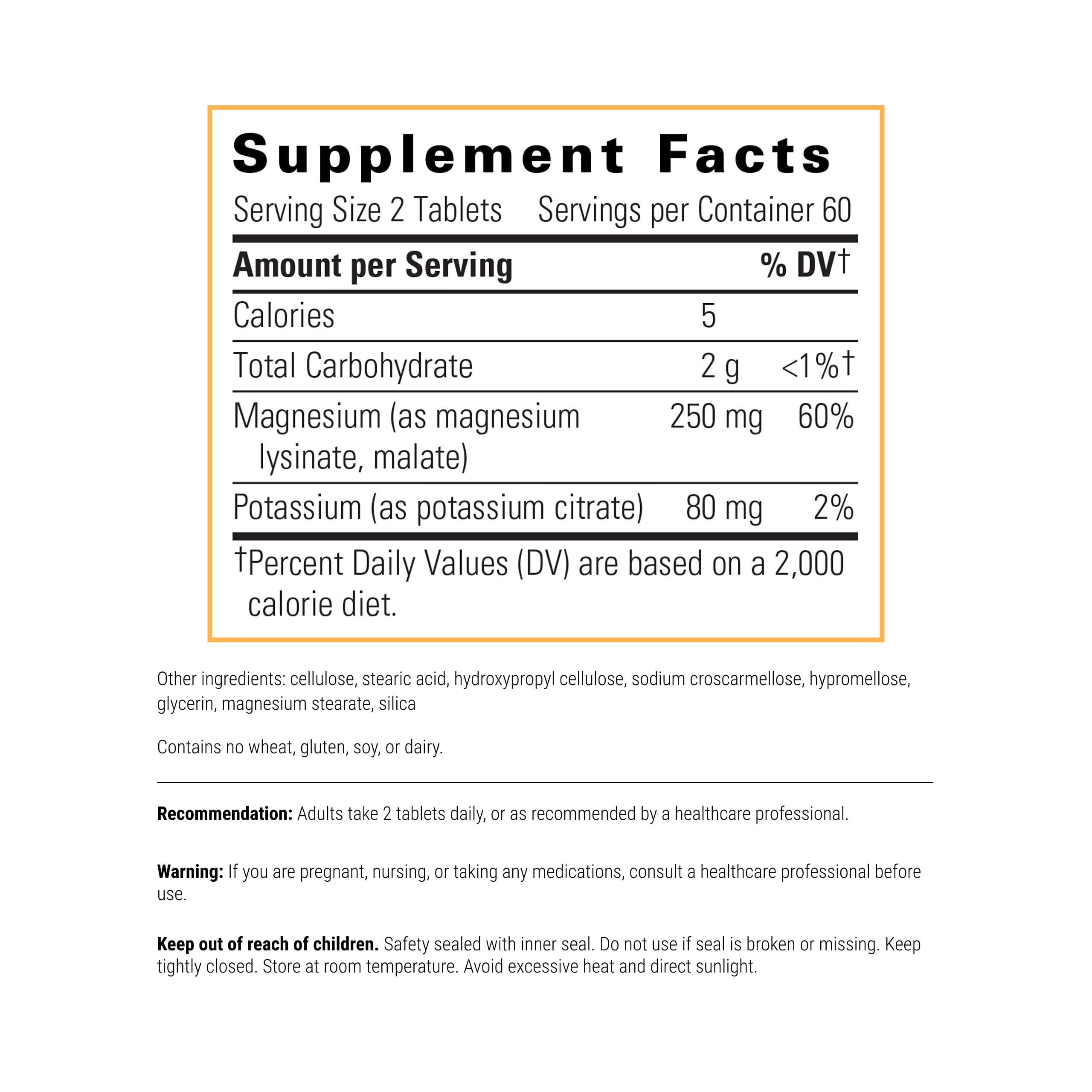 Krebs Magnesium Potassium Complex label highlighting gluten-free and dairy-free