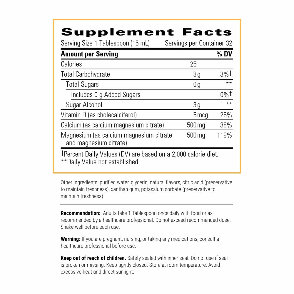 Integrative Therapeutics liquid calcium magnesium bottle back shows gluten-free and dairy-free formulation.