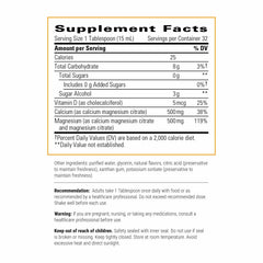 Integrative Therapeutics liquid calcium magnesium bottle back shows gluten-free and dairy-free formulation.