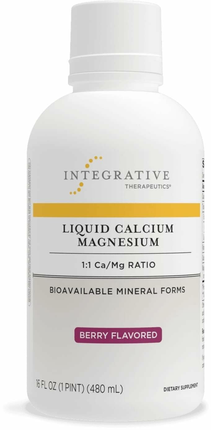 Integrative Therapeutics liquid calcium magnesium bottle front in berry flavor for daily mineral intake.