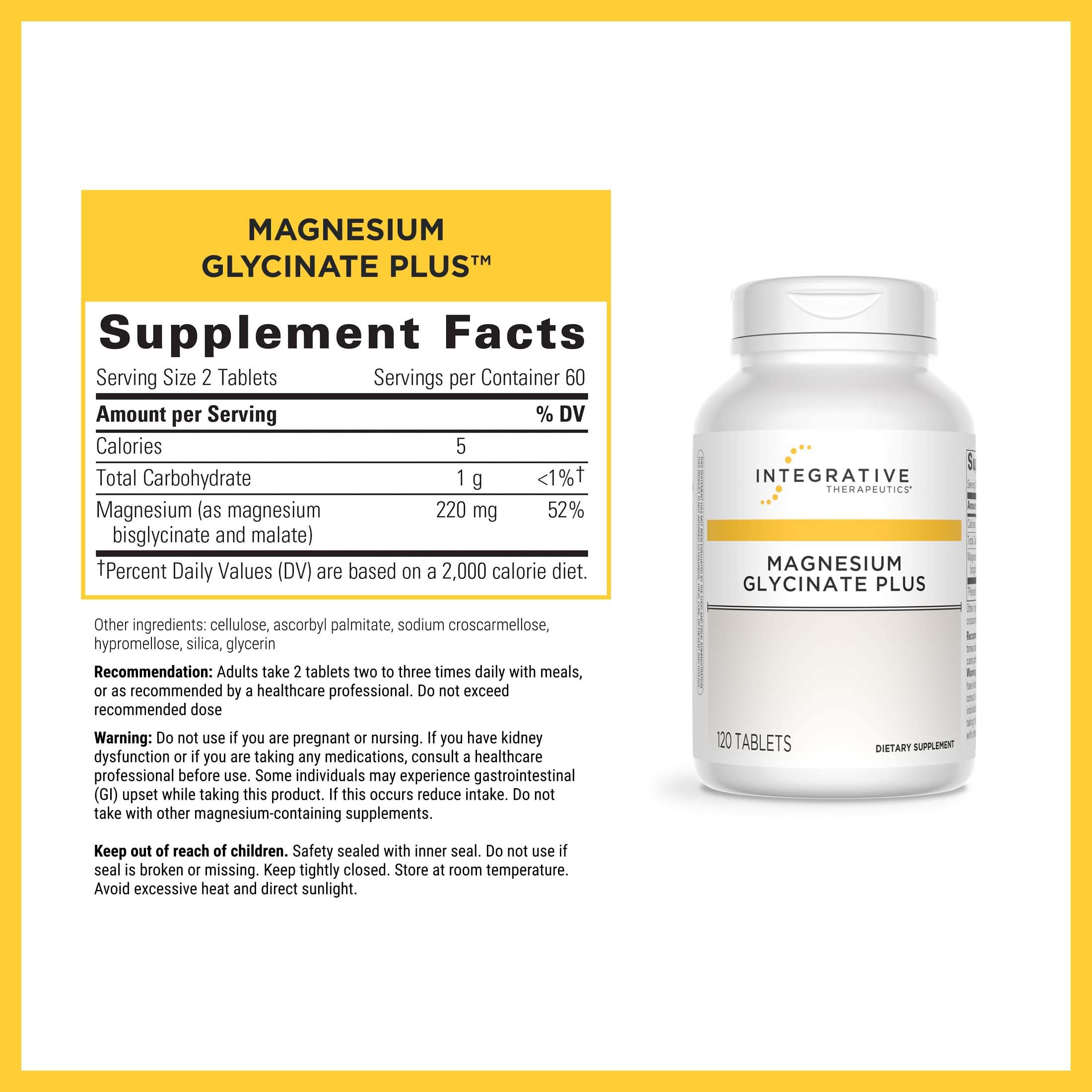 Integrative Therapeutics Magnesium Glycinate Plus label shows dairy-free, gluten-free formulation