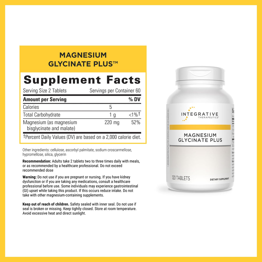 Integrative Therapeutics Magnesium Glycinate Plus label shows dairy-free, gluten-free formulation