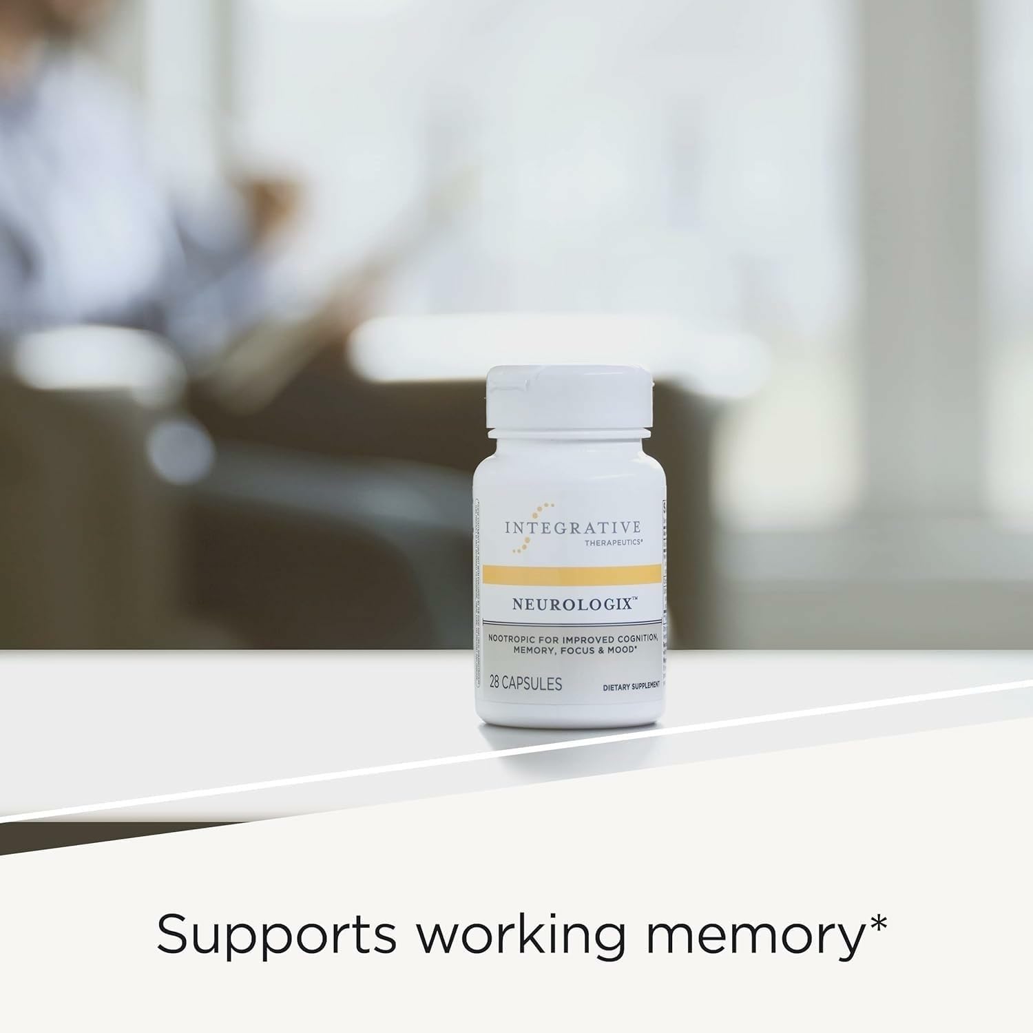 Capsules in hand illustrate convenient daily dosage with Neurologix.