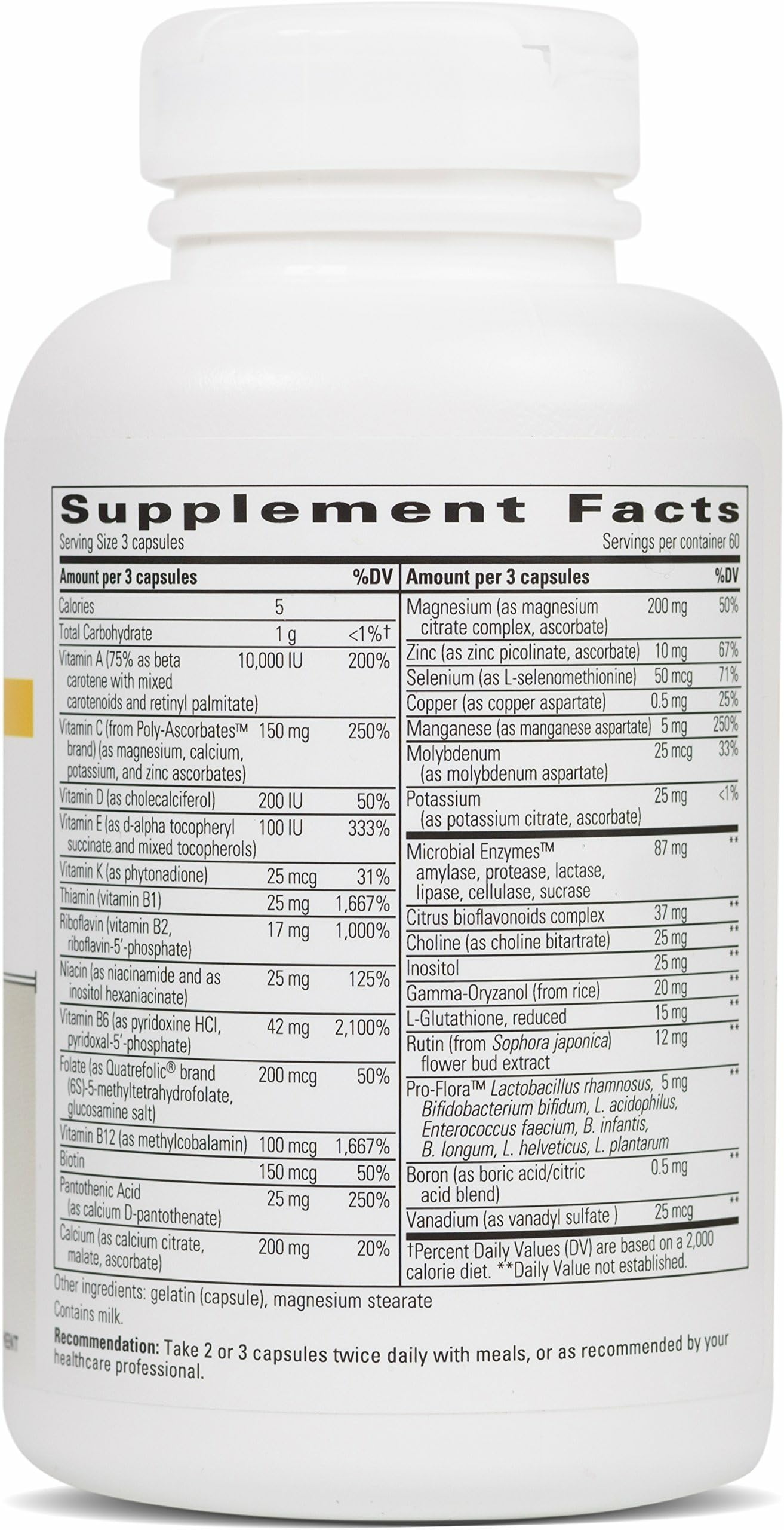NutriVitamin Enzyme Complex bottle back label displays ingredients and nutrient synergy for balanced daily nutrition.