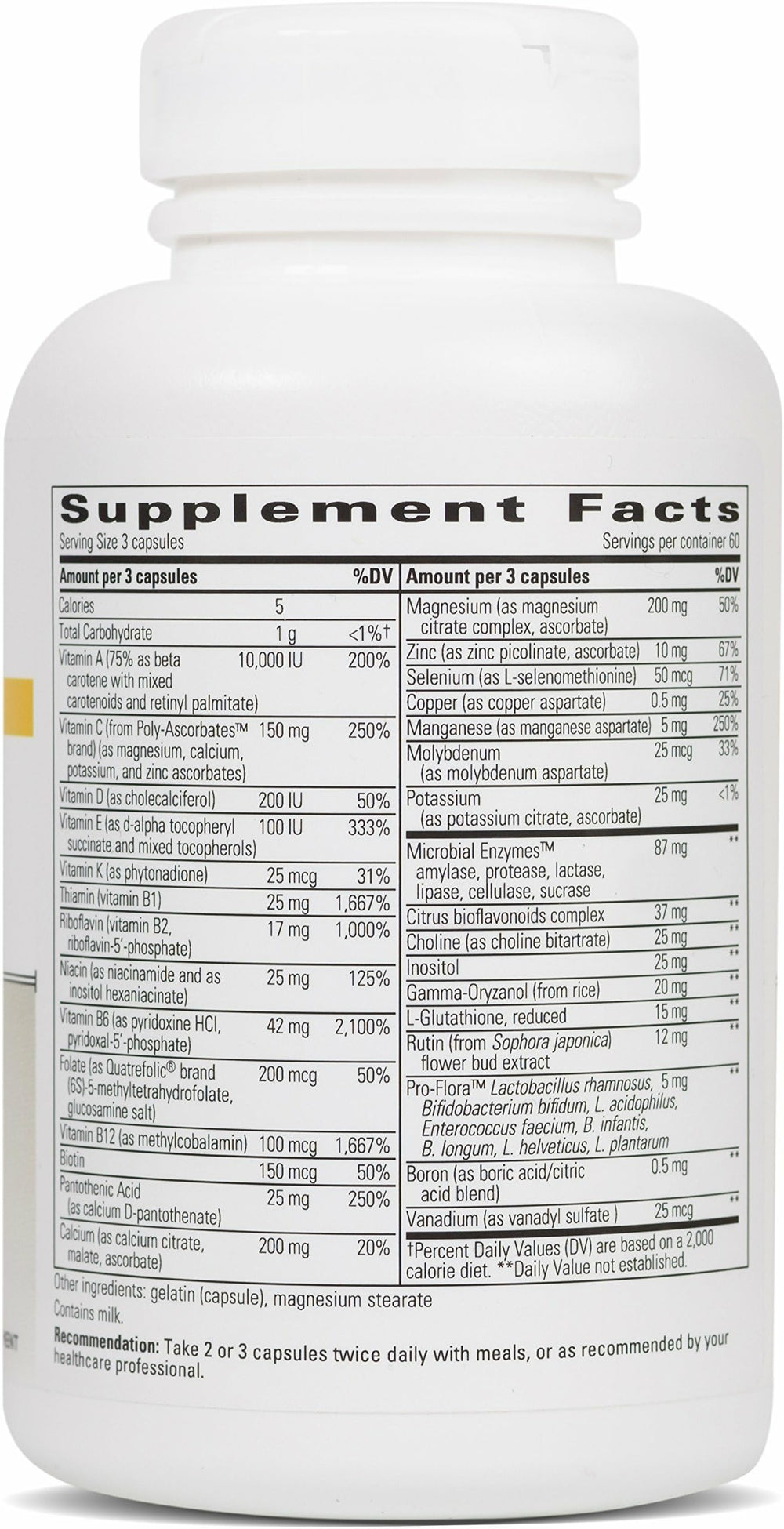 NutriVitamin Enzyme Complex bottle back label displays ingredients and nutrient synergy for balanced daily nutrition.