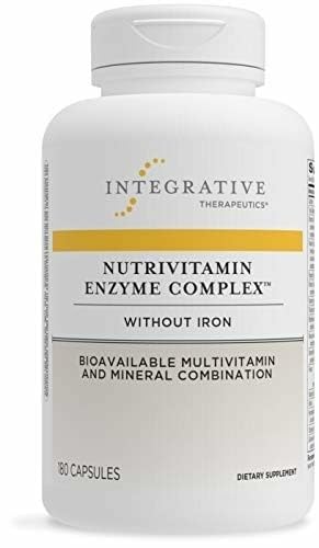 NutriVitamin Enzyme Complex nutrition facts image shows iron-free formula suitable for sensitive needs.