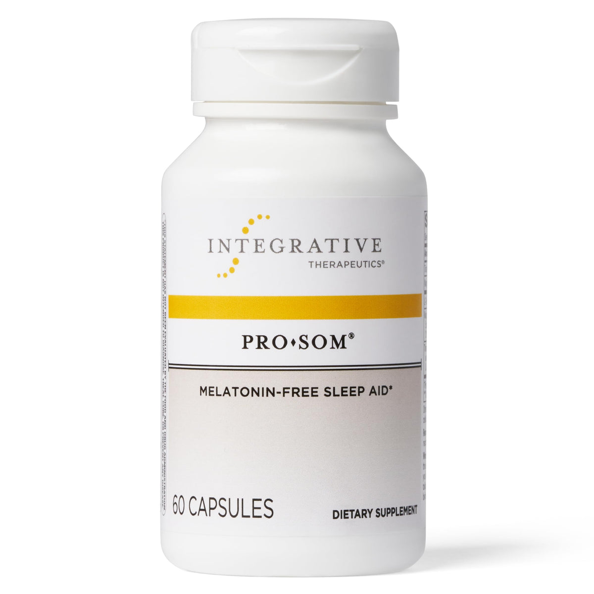 Integrative Therapeutics Pro-Som bottle front with sleep support capsules for nighttime relaxation.