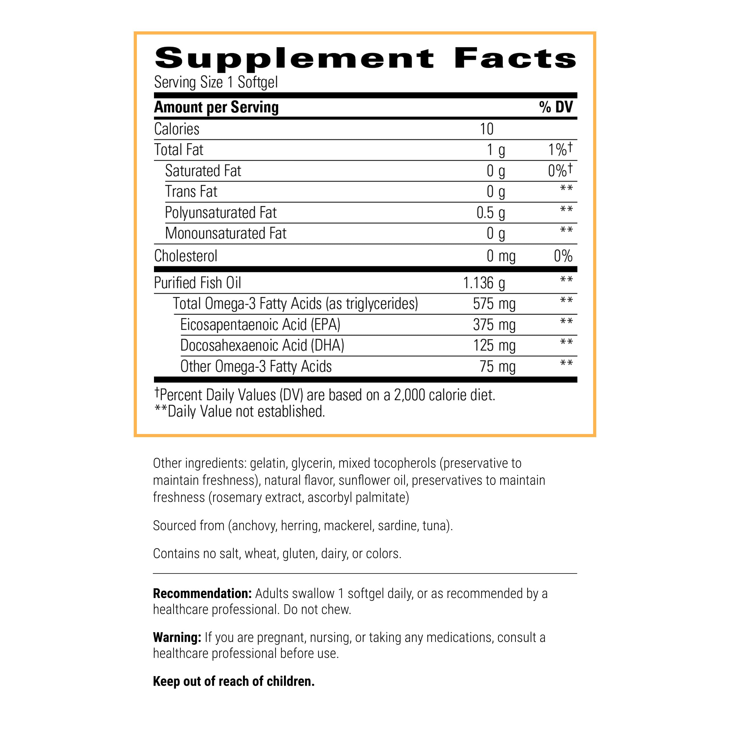 Integrative Therapeutics Pure Omega HP label showing EPA and DHA amounts for heart support.