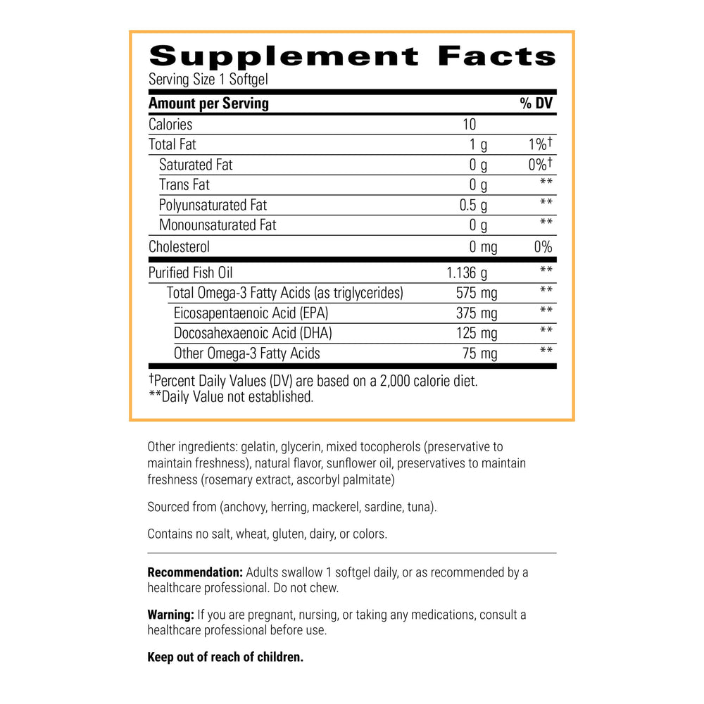 Integrative Therapeutics Pure Omega HP label showing EPA and DHA amounts for heart support.