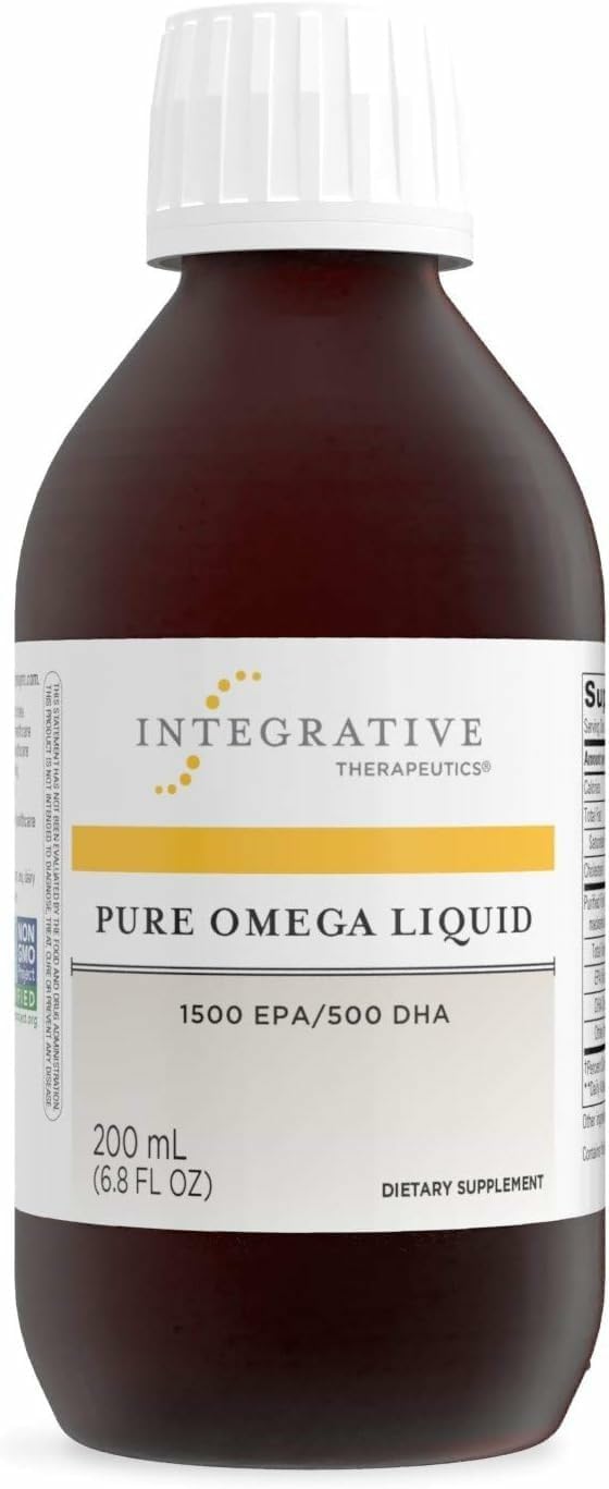 Integrative Therapeutics Pure Omega Liquid lemon bottle close-up, burpless consumption