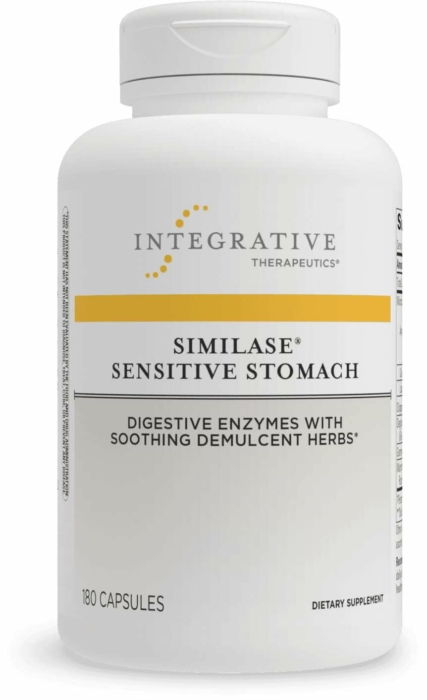 Integrative Therapeutics Similase Sensitive Stomach bottle close-up; easy-to-swallow vegan capsules.