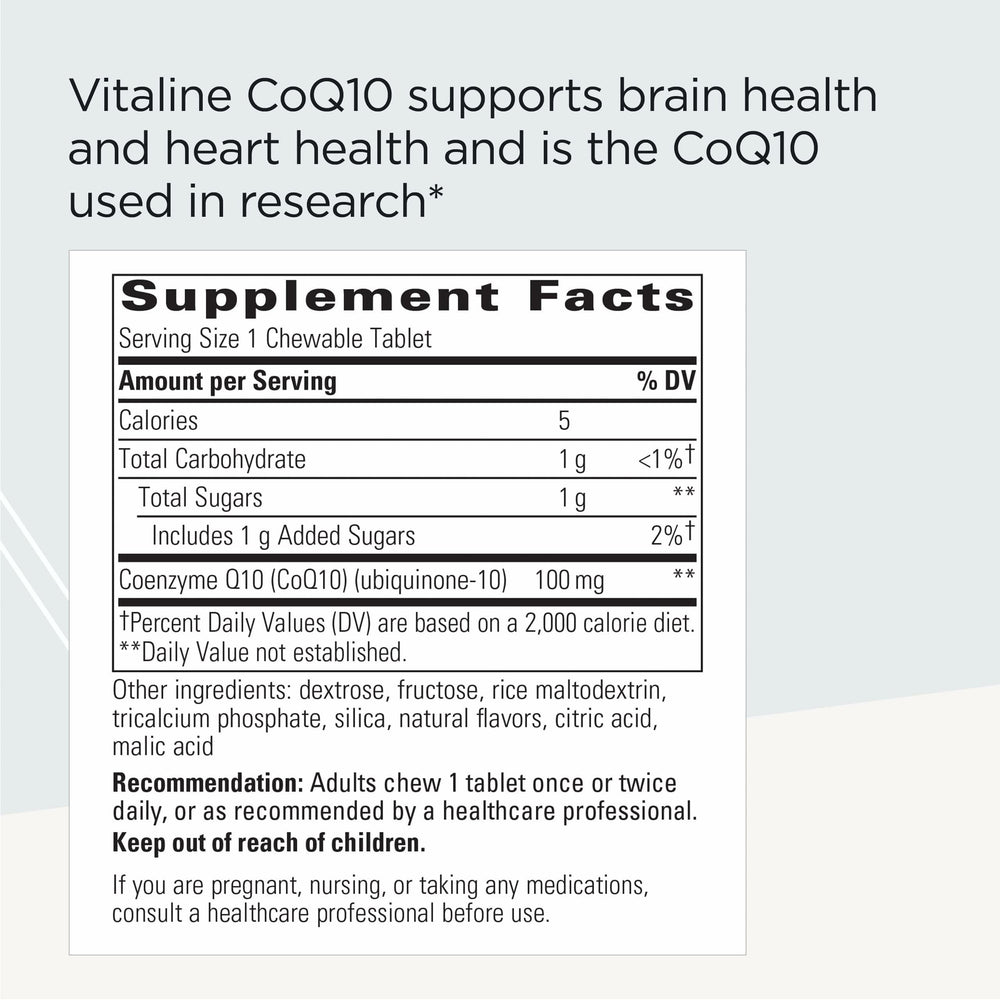 Vitaline CoQ10 packaging close-up emphasizes dairy-free and gluten-free formulation.