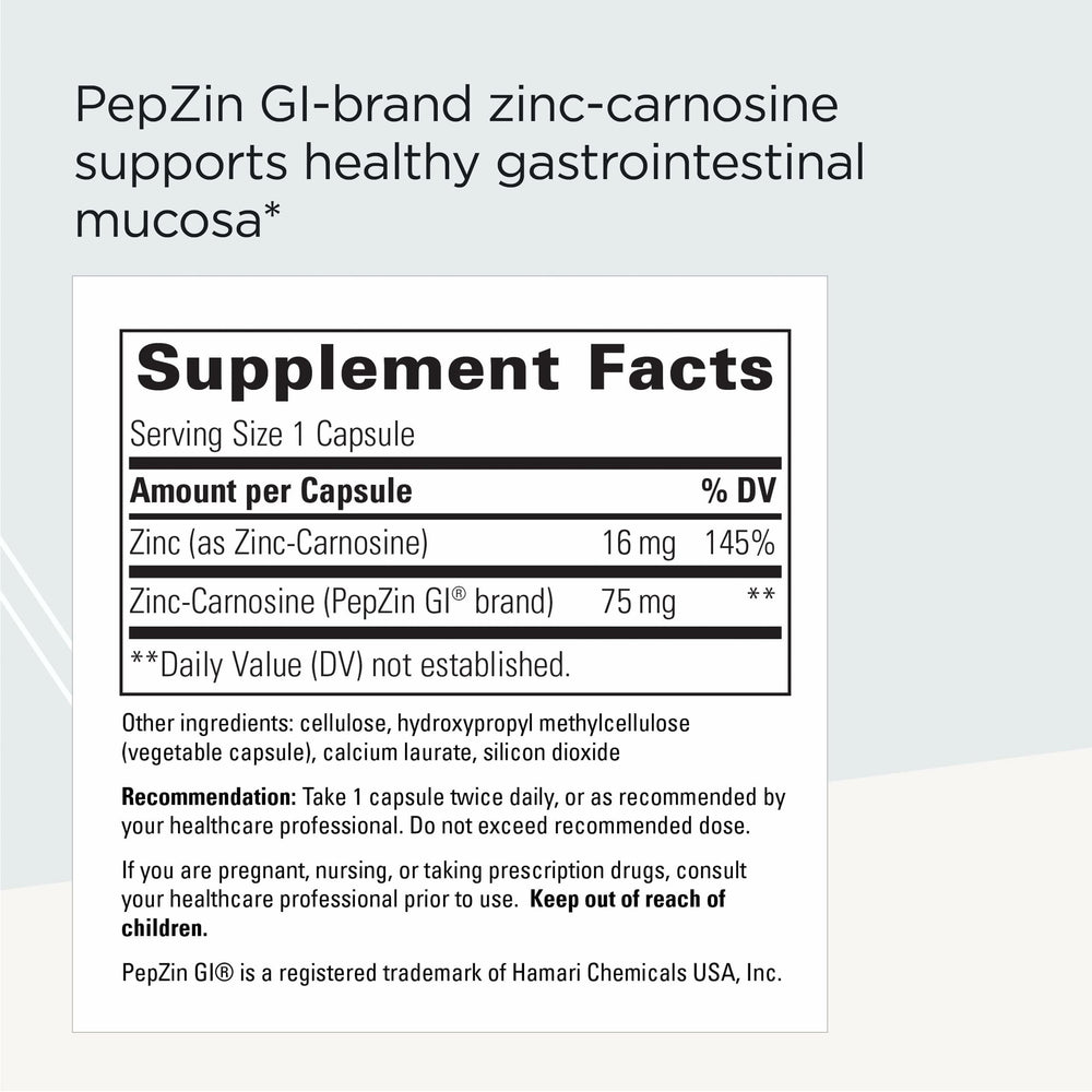Integrative Therapeutics Zinc-Carnosine box packaging shows vegan, gluten-free formula