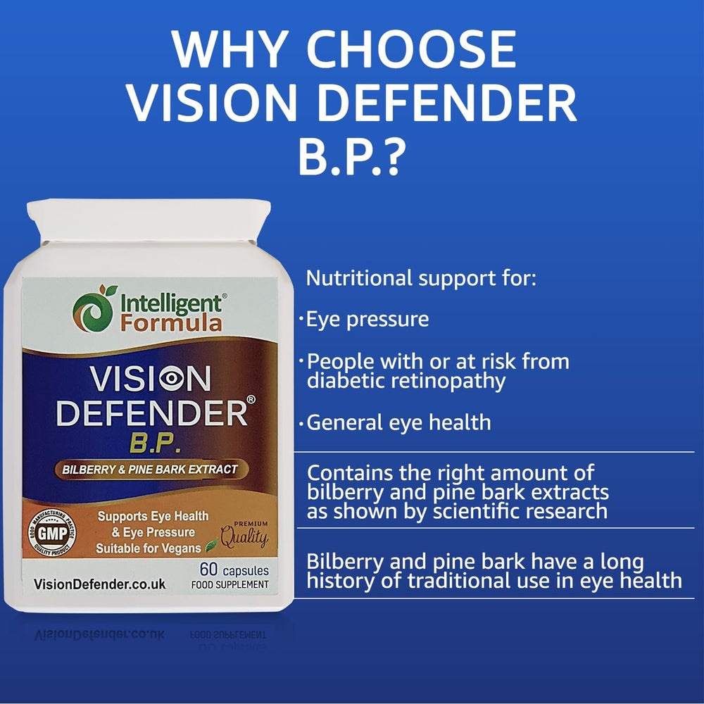Capsules close-up highlight bilberry and pine bark ingredients for eye wellness.