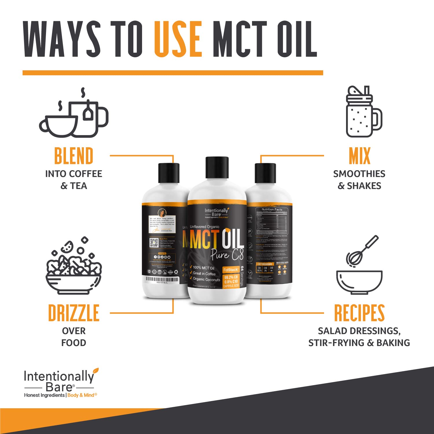 Intentionally Bare Organic MCT bottle showing lab-tested purity seal.