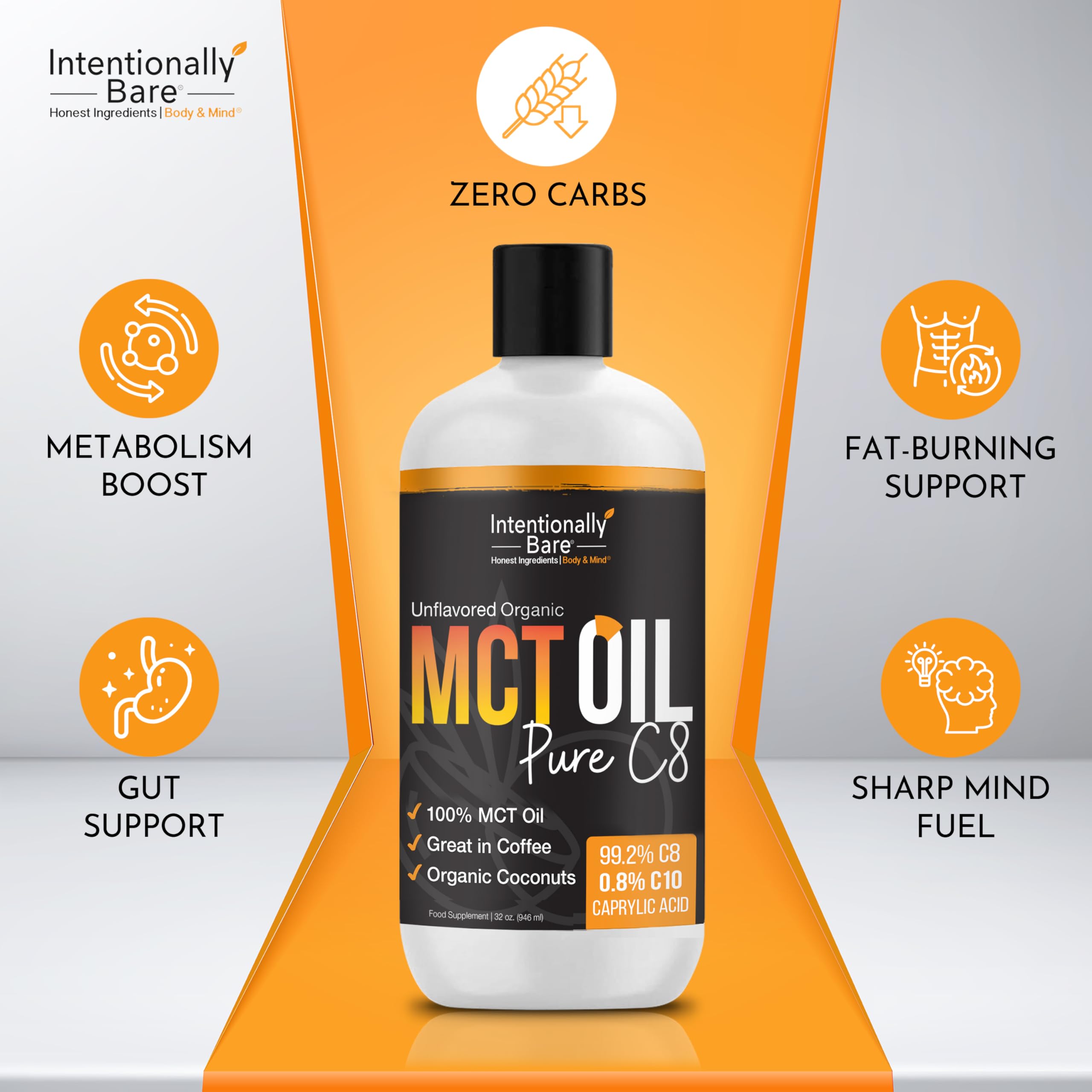 Intentionally Bare MCT Oil close-up highlighting clear, flavorless liquid for beverages.