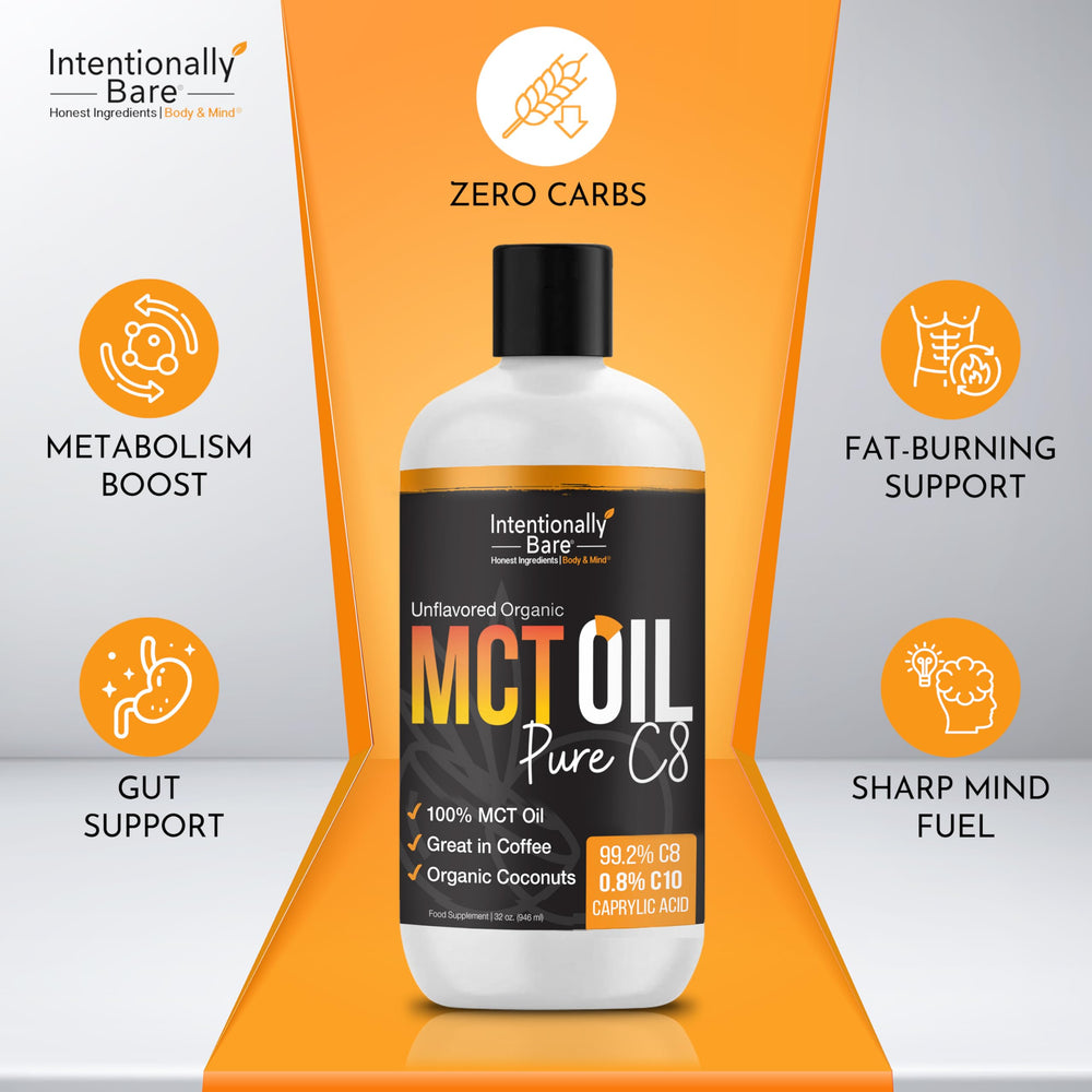 Intentionally Bare MCT Oil close-up highlighting clear, flavorless liquid for beverages.