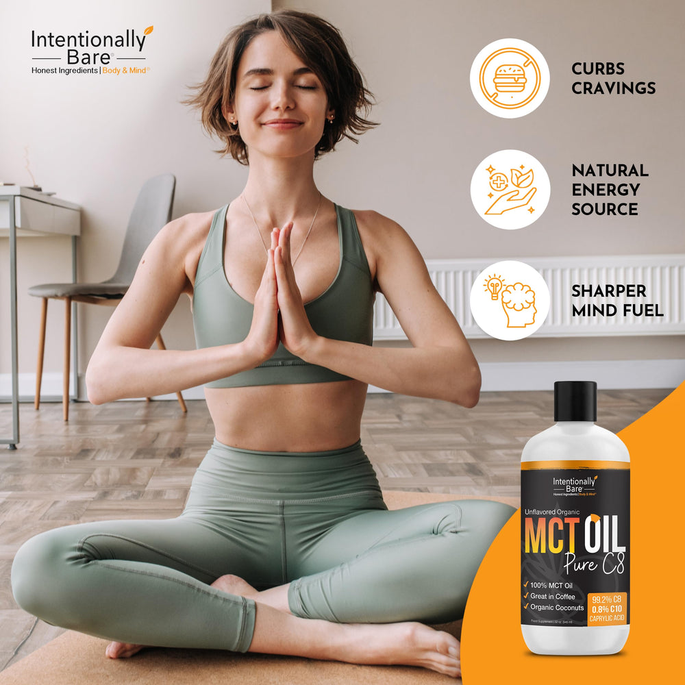 Intentionally Bare MCT Oil drizzle over salad for flavor-neutral boost.