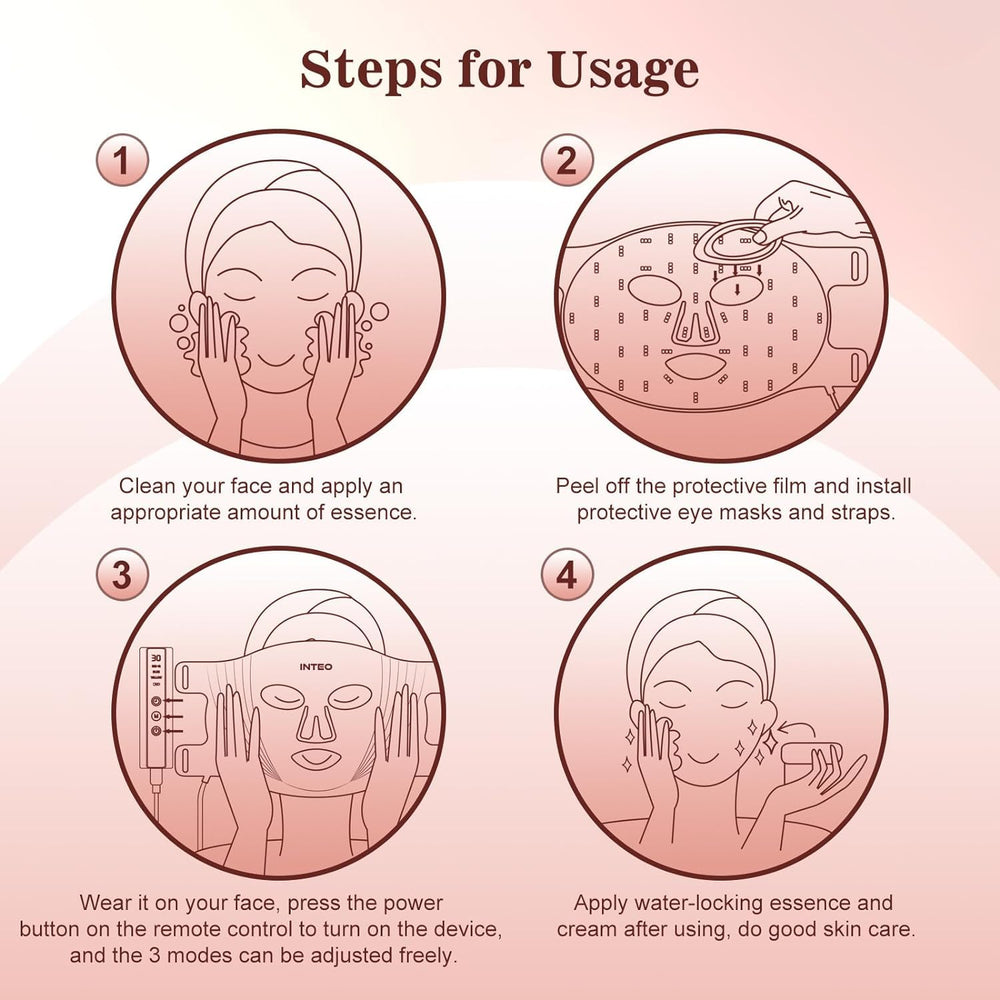 INTEO user wearing the red light mask for hands-free facial care.