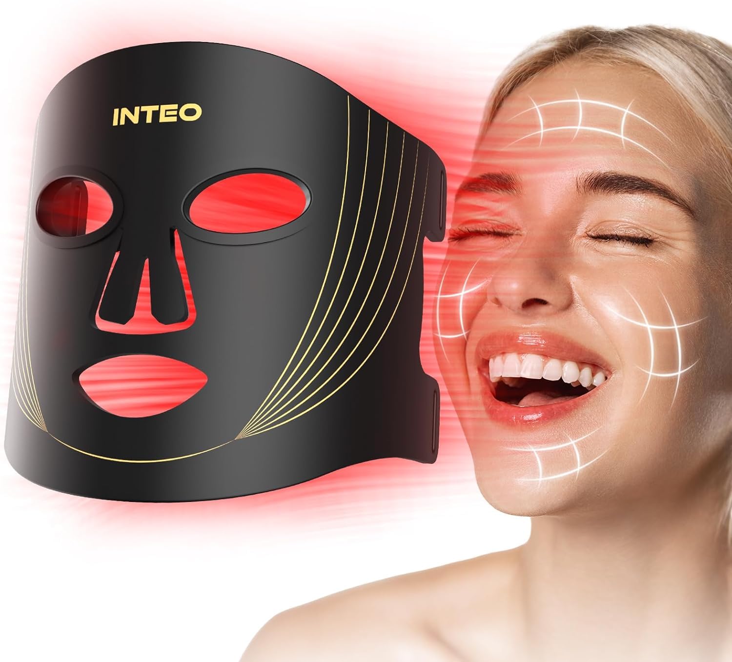 INTEO red light therapy mask front view with three-mode LED panel for facial care.