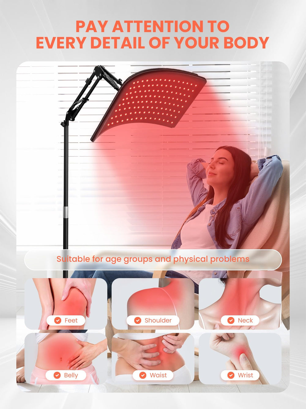 INTEO Red Light Therapy Stand with Adjustable Arm targets neck and shoulders.