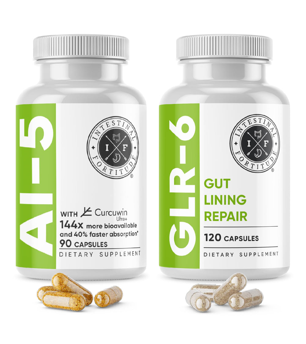 Intestinal Fortitude AI-5 bottle with label, highlighting enhanced bioavailability and gut support.